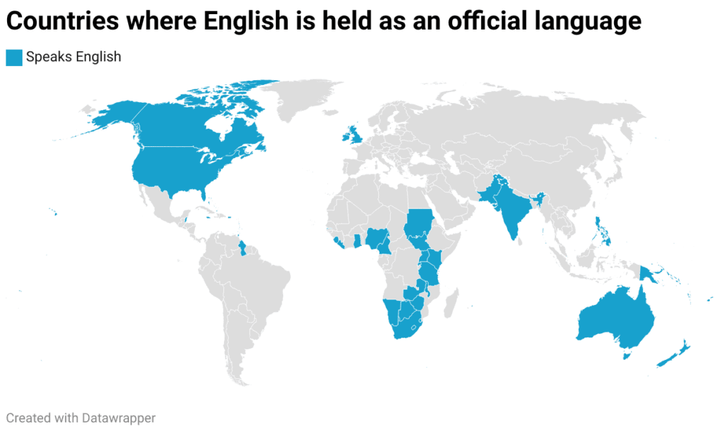 map of 'countries where English is held as an official language'