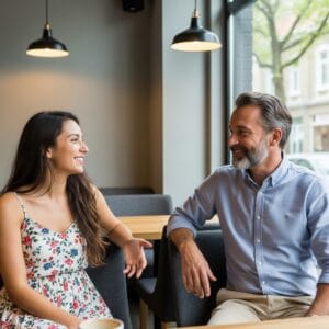 Picture of a woman and man talking in a cafe