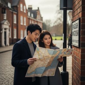 Woman and Man reading a map in England